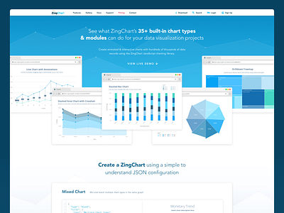 ZingChart Homepage Redesign blue data visualization dataviz figma figmadesign landing page landing page design software company vector web design