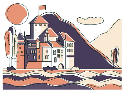 Castle Chateau Chillon in Switzerland architecture artwork building castle chateau colorful drawing europe flat illustration history illustration landscape nature orange purple sightseeing simple switzerland tourism vector