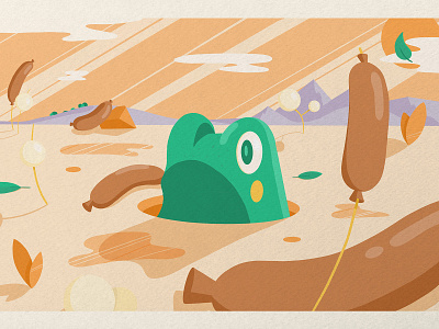 Toad in the hole flat illustration frog illustration leaf leaves mountains nature orange sausage sausages texture toad