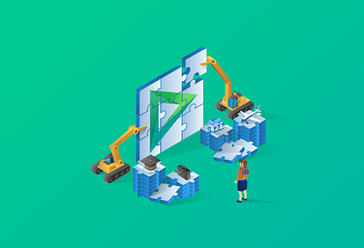 puzzle online courses isometric business flat design home page illustrate illustration isometric landing page modern online courses online store puzzle student project tecnology vector web design