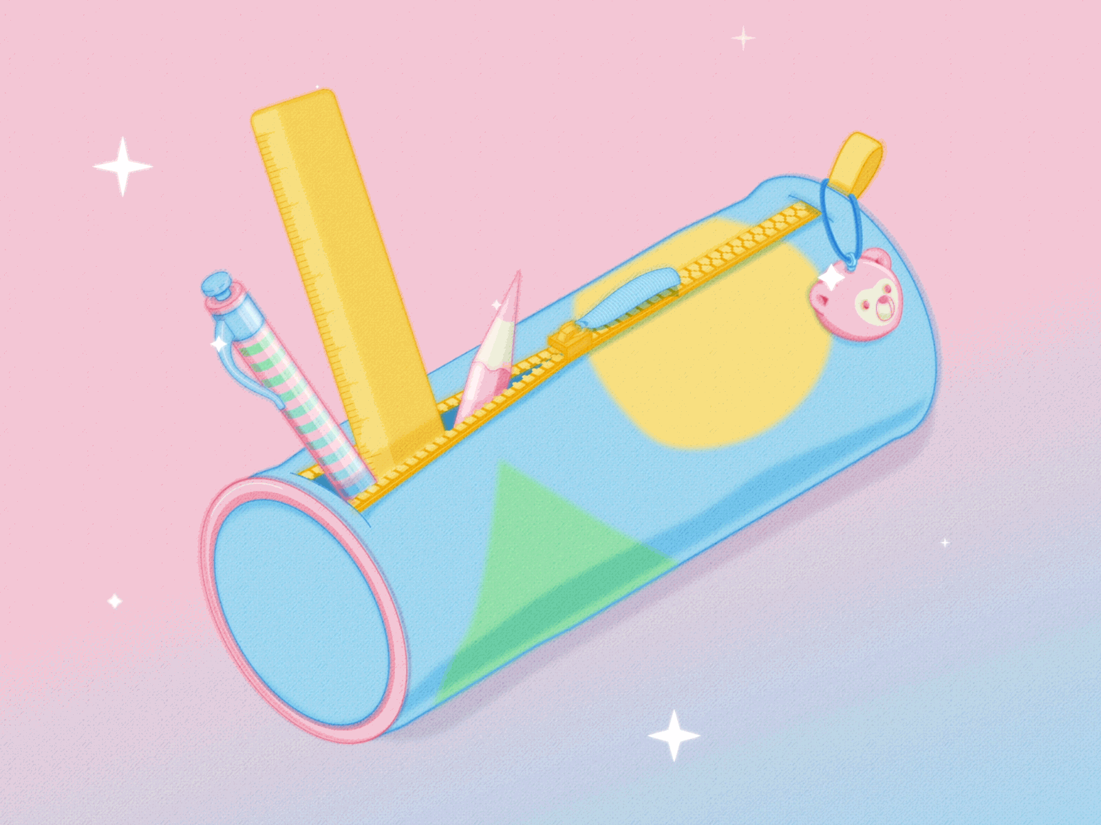 kawaii pencil case bear cute gif girly illustration isometric illustration isometry kawaii pastel colors pen pencil pencil case qute retro ruler stars stationary trinket