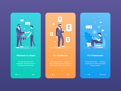 Onboarding for a global writing freelancing platform app character design employer flat freelance freelancer gradient illustration job mentalstack mobile onboarding people screens ui ux welcome