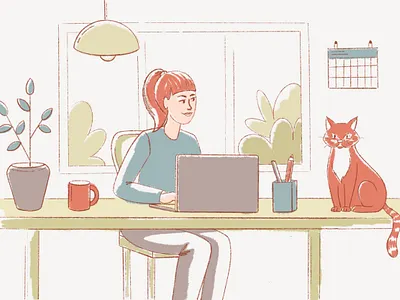 Cat friendly workspace cat cats character character illustration coffee cup girl illustration interior laptop office pet pet friendly plant style frame women working workspace