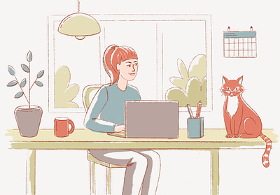 Cat friendly workspace cat cats character character illustration coffee cup girl illustration interior laptop office pet pet friendly plant style frame women working workspace