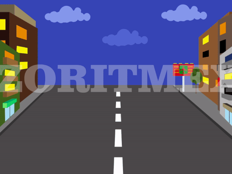 City Road by Zoritmex ads asphalt billboard buildings car driving city road clouds sidewalk sky speed window