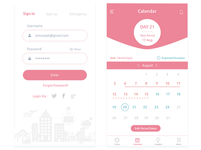 Women's Period Calendar calendar app girls mobile application mobile ui period tracking periods tracking app women women period