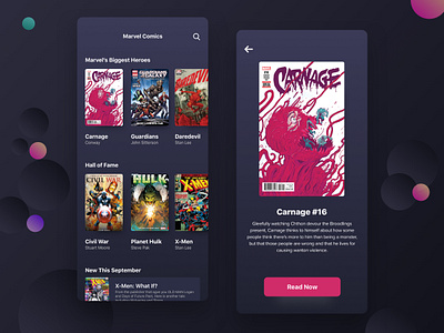 Comic Book App - Dark Mode app book comic comic books dailyui dark design illustration ios marvel mobile product design typography ui user interface design ux uxdesign web website