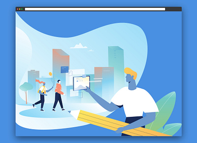 Illustration for landing pages 2d animation boy character city coding flat girl illustration man motion plants tablet vector video web webdesign