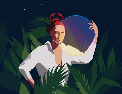 ♋️Cancer and Moon🌕 branding design fashion art flat grain forest illustrator magic model moon night planet planetarium plants portrait red stars ui vector woman zodiac