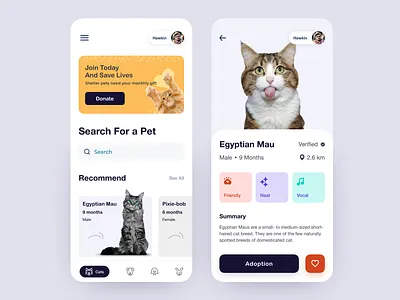 Pets Adoption App adopt adoption animal app book booking app card cat clean dog mobile app pet pet adoption pet app pet care pet design pet shop product search social app