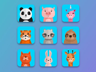 Cute Animal Avatars animal art avatar avatar icons bunny cartoon animal cat cute animal flat design flat illustration giraffe icon set illustrator kit panda pig racoon sloth tiger unicorn vector