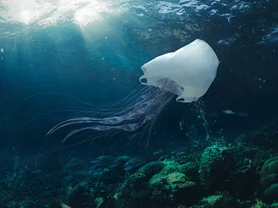 plastic jellyfish 3d 3d art blender cg cgart cgi computergraphics earth illustration integration jellyfish lighting microplastic ocean photoshop planet plastic plastic bag shading underwater