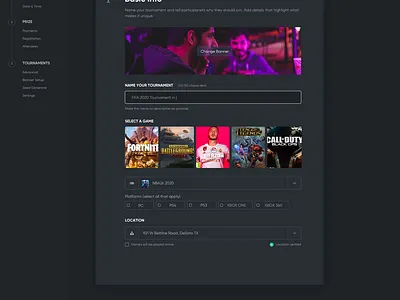 Tournaments Creation Page clean dark dark theme dark ui esports game gaming geekletes minimalistic tournament tournament hosting tournaments web application