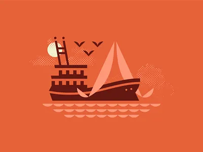 Gone Fishin' beach boat branding coast fish fishing minimal ocean pattern sail sailing sea seagull ship shrimp sunset tropical vacation water waves