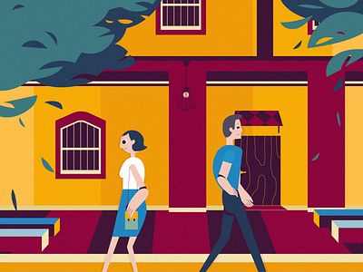 Street boy building cartoon charachter design design girl house illustration man tree trees women