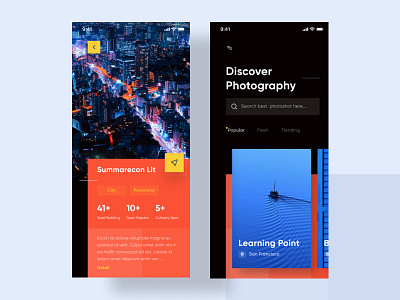 Photography App - Exploration app blue colorfull cool dark design exploration fresh ios mobile orange photography product design trend ui ux