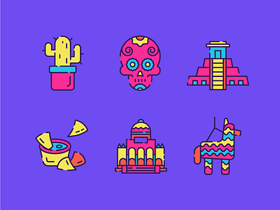 Mexico Icons 2 2d cactus day of the dead food icon illustration illustrator line icon llama mayans mexico mexico city nacho pinata plant skull taco tree ui ux