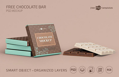 Square Chocolate Bar Snack & Box Packaging Mockup Free PSD branding chocolate chocolate bar freebies mockup