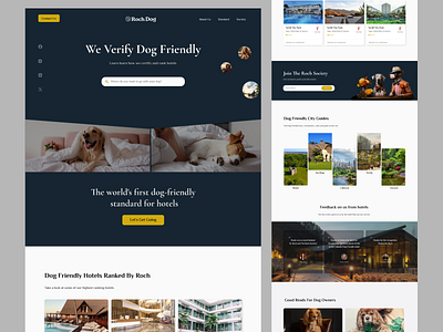 RochDog-The Dog Friendly Hotel Verifier branding cart colorful dog website glassmorphism graphic design hero section home page hotel website landing page pictures testimonials ui ui design ui ux ux design web design website design