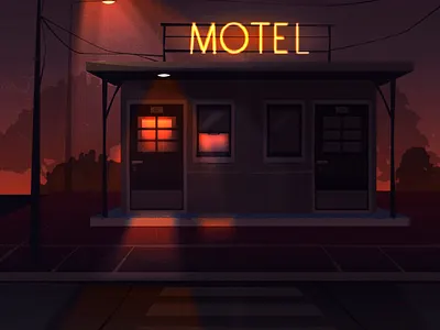 night cartoon cozy darkness design door fire horror hotel illustration light motel night retro shadow sigh street style texture vector vintage