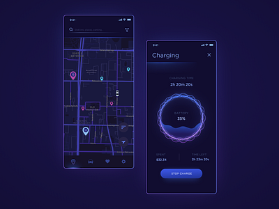 Electric Car Charging app art blue bright car charge dark dark mode design electric future gradient gradients illustration light neon ui ux