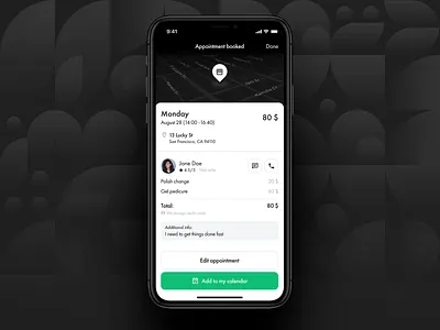 Beauty booking platform | Appointment info app app design appointment beauty black and white booking checkout clean dark theme figma success trendy ui ux