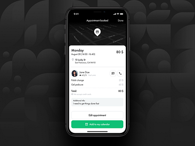 Beauty booking platform | Appointment info app app design appointment beauty black and white booking checkout clean dark theme figma success trendy ui ux