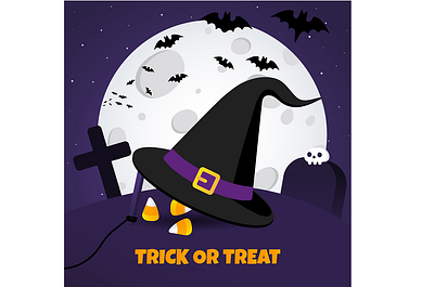 Happy Halloween text postcard banner with big black witch hat background bat celebration design greeting halloween happy hat holiday illustration moon party pumpkin sky vector witch