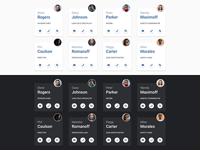 People Cards: Light vs. Dark Mode card cards contacts design google interaction design intranet intranet redesign material design people profile redesign ui ui inspiration uiux ux ux inspiration web webdesign