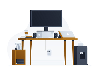 My Workspace adobe illustrator cardboard box coffee cup flat illustration macbook pro shredder vector illustration workspace