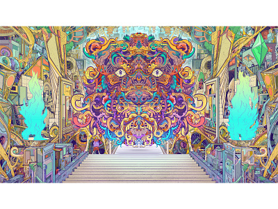 Taken Temple art clip studio paint digital drawing fire sacred sci fi symmetry tech temple tiger weird