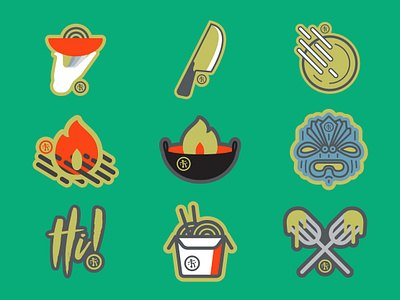 Lapel Pins asian china cooking dishes fire food icon japan knife logo mockup restaurant server tiki typography