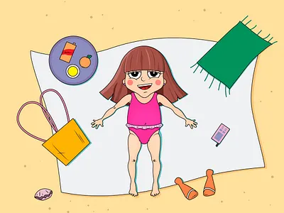 The little girl on a beach vector illustration. air bath bathing beach beauty bikini cartoon character cocktail colorful drawing drink exotic female girl graphic hand drawn holiday illustration vector