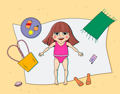 The little girl on a beach vector illustration. air bath bathing beach beauty bikini cartoon character cocktail colorful drawing drink exotic female girl graphic hand drawn holiday illustration vector