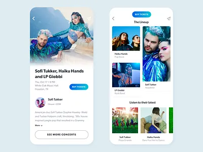 Music Concert App app app design card challenge concert cool design event houston modern music music app reservation rounded tickets ui ux
