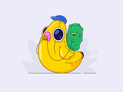 Pickle riding a banana pigeon adobeillustrator banana bird character illustrator kawaii lines pickle pigeon vector weird