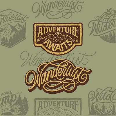 ADVENTURE AWAITS & WANDERLUST adventure logo apparel design apparel logo branding clothing brand clothing label company brand logo company branding company logo design font design handmade illustration labels logo logobranding typedesign typeface vintage font vintage logo