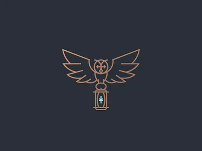 Owl animal bird branding flying geometry icon illustration knowledge lamp lantern ligth line lineart logo mark night spark wild wings