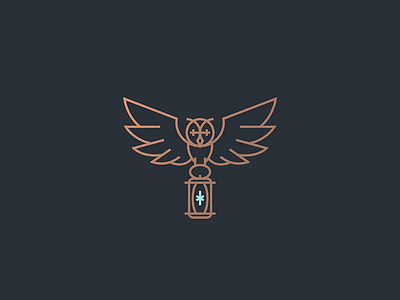 Owl animal bird branding flying geometry icon illustration knowledge lamp lantern ligth line lineart logo mark night spark wild wings