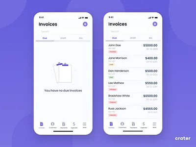Crater Invoice UI [ React Native | Open Source ] accounting crm dashboard dashboard app free github invoice lists mobile open source portal ui ux