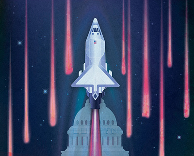 The artwork for SpaceNews - 'Space Force in for a rough ride' america force galaxy meteors nasa new york times news retro futurism space space art space shuttle spacecraft star states united states usa vector art vector illustration vintage