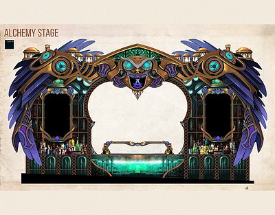 Alchemy stage - UNTOLD festival alchemy concept design festival illustration owl rust set design stage design steampunk