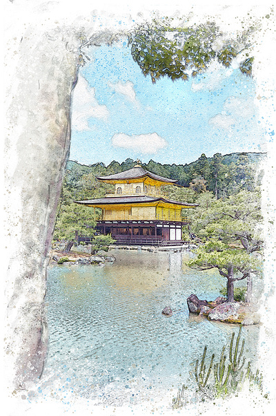 The Golden Pavillion, Kyoto aquarelle architecture visualization art artwork illustration japan kyoto mixed media pagoda painting photography shrine temple watercolor