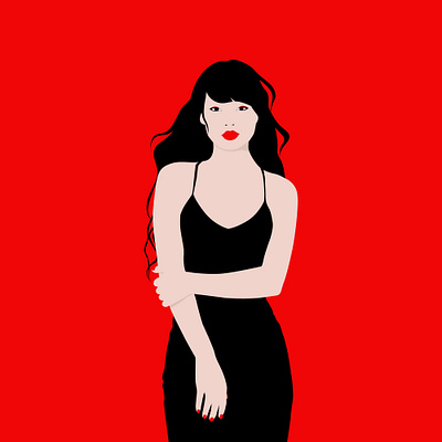 Just a girl asian black dress brunette fashion girl illustraion long hair red red lips woman