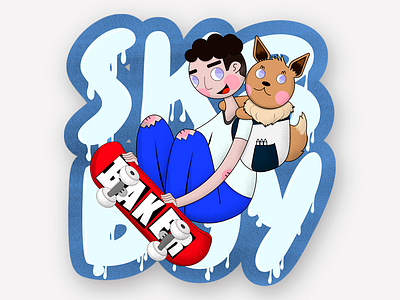 SK8 BOY!!! (DTIYS) blue blue and white cute digital art digitalart draw eevee flat graffiti illustration illustrations illustrator pet pokemon red skate skateboard skater sticker white