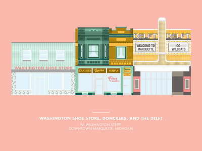 W. Washington Street, Marquette Michigan architecture building candy candy store delft historical illustration lunch marquette michigan shoe store soda fountain theater u.p. up upper peninsula vector washington yooper