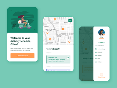 Delivery Schedule calendar courier delivery drawer map mobile mobile app navigation profile schedule side navigation ui