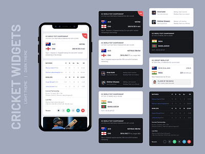 Cricket Widgets UI Design | Light and Dark Theme android app app card design card ui concept cricket cricket app dark theme design ios light theme live score match ui ux widget widgets