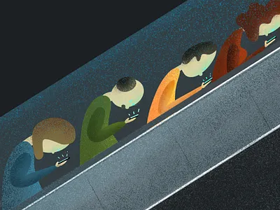 Staring at cell phone character digital escalator graphic design illustration