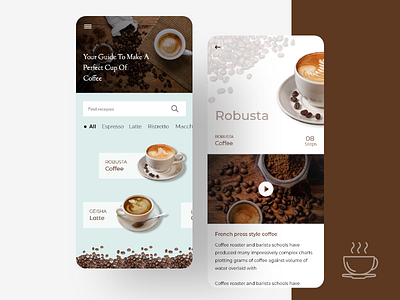 Coffee Recipe App - Concept. app apps brown clean coffee coffee app coffee recipe concept design first shot food and drink hot coffee minimal mobile mobile ui recipe trending ui uidesign ux